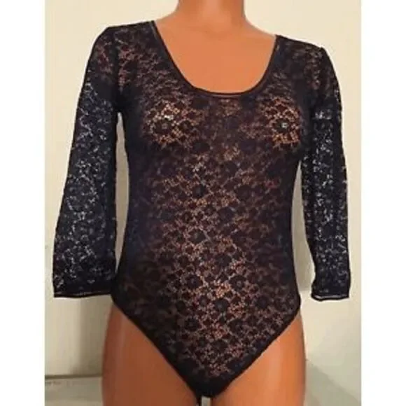 Victoria's Secret Small Dark Blue Lace Long Sleeve Bodysuit Teddy - Picture 2 of 4
